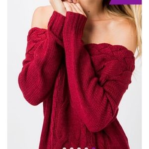 Cozy Casual | Cranberry Red Off The Shoulders Knit Cable Sweater Size S/M